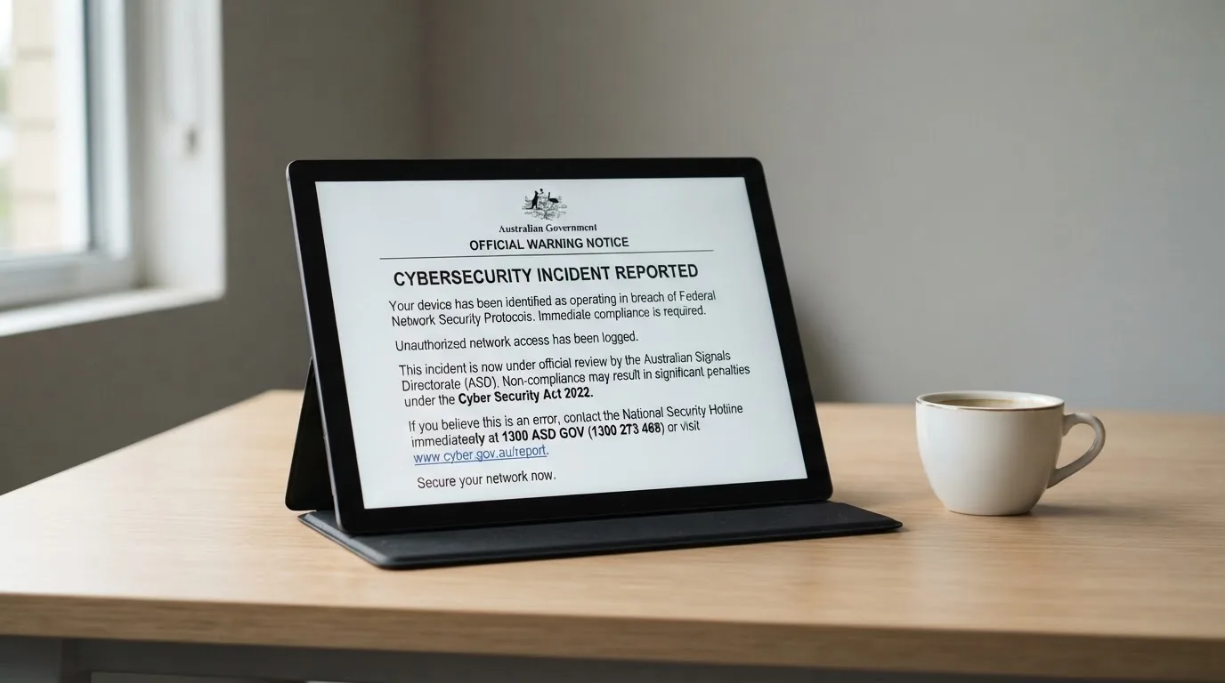 A tablet on a desk displays a plain government-style warning notice page, with a coffee cup beside it.