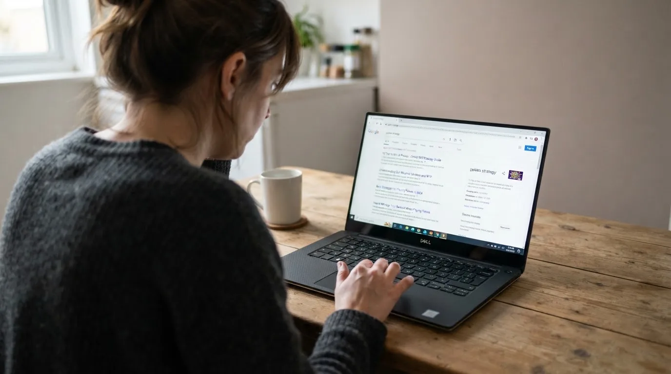 A person sits at a kitchen table, scrolling a laptop showing a general search results page about pokies strategy articles.