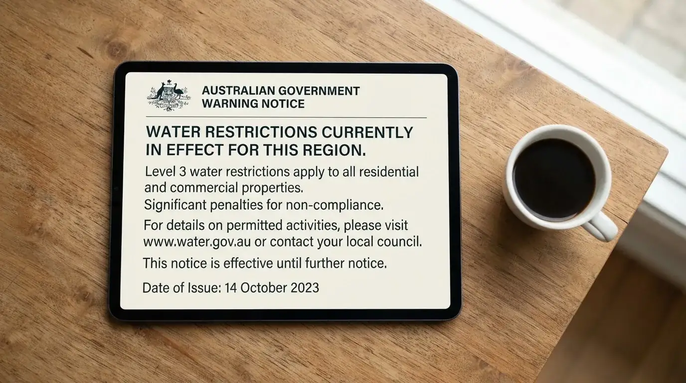 A tablet on a desk displays a plain government-style warning notice page, with a coffee cup beside it.