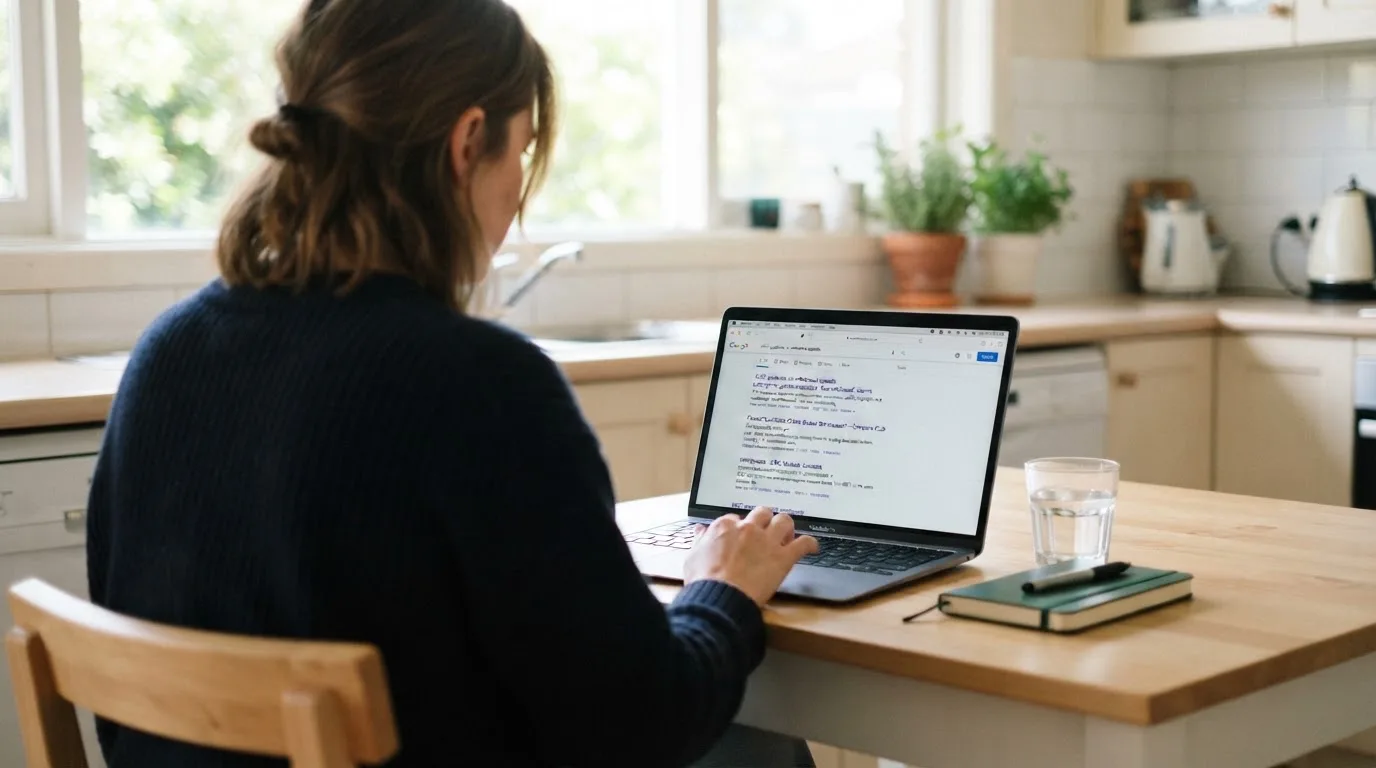 A person sits at a kitchen table, scrolling a laptop showing a general search results page about withdrawal speed claims.