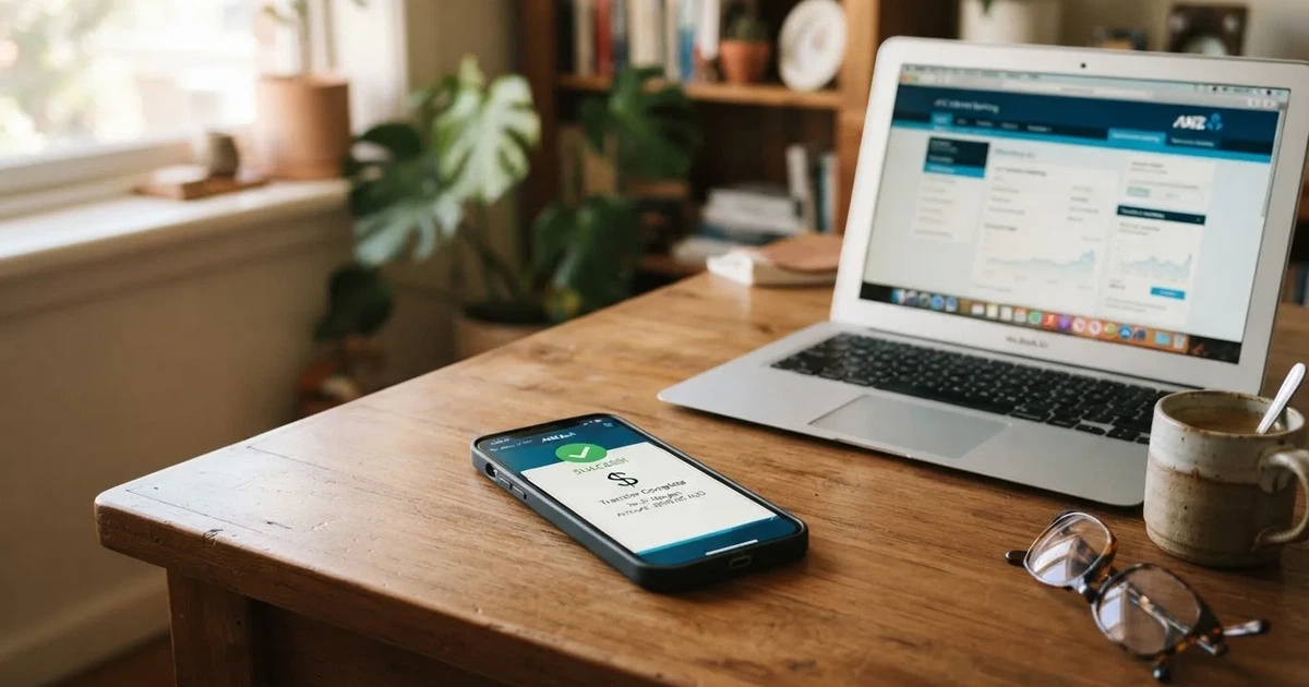 Close-up of a smartphone banking app open beside a laptop on a home desk, mid-transfer.