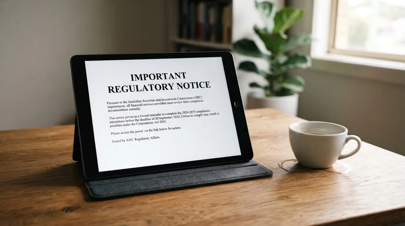 A tablet on a desk displays a plain government-style warning notice page, with a coffee cup beside it.