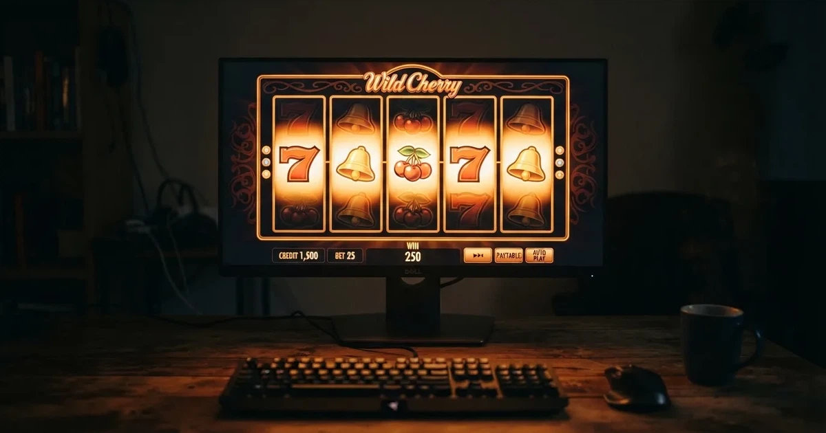 A close-up of a slot reel display shown on a monitor, no other windows open.