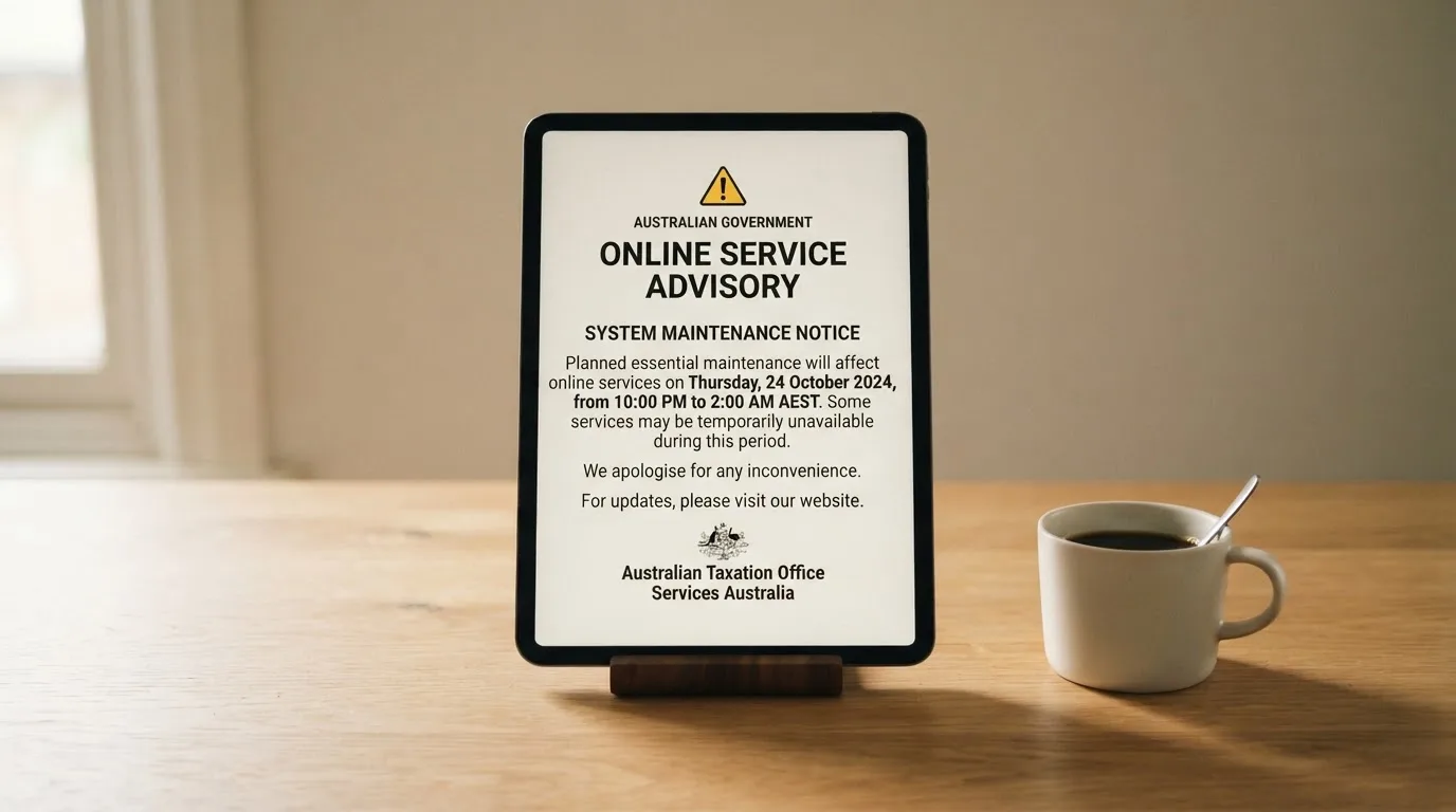 A tablet on a desk displays a plain government-style warning notice page, with a coffee cup beside it.