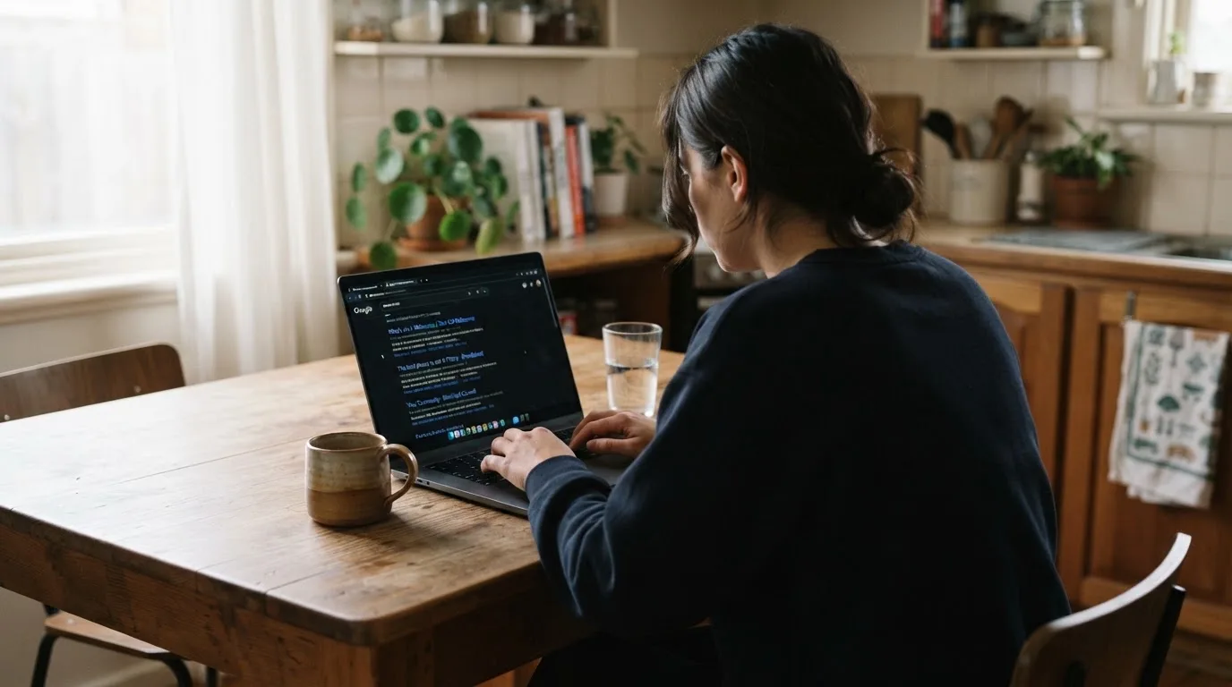 A person sits at a kitchen table, scrolling a laptop showing a general search results page about table game odds.
