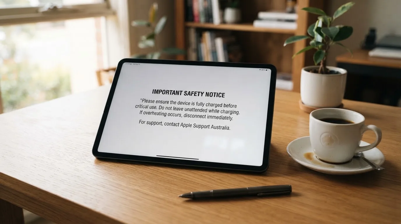 A tablet on a desk displays a plain government-style warning notice page, with a coffee cup beside it.