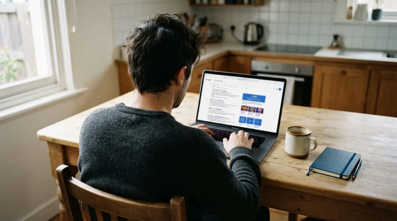 A person sits at a kitchen table, scrolling a laptop showing a general search results page about pokies apps.