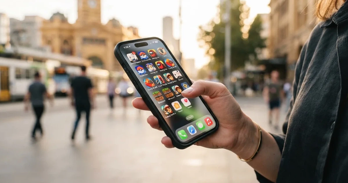 A hand holds a smartphone with an app icon grid visible on the home screen, thumb hovering over the display.