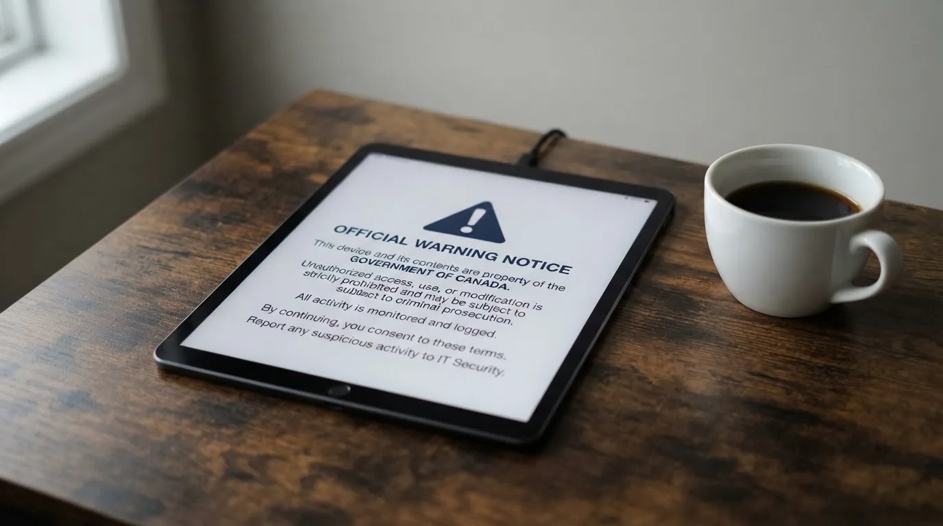A tablet on a desk displays a plain government-style warning notice page, with a coffee cup beside it.