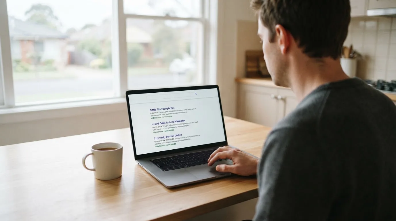 A person sits at a kitchen table, scrolling a laptop showing a general search results page about pokies apps.