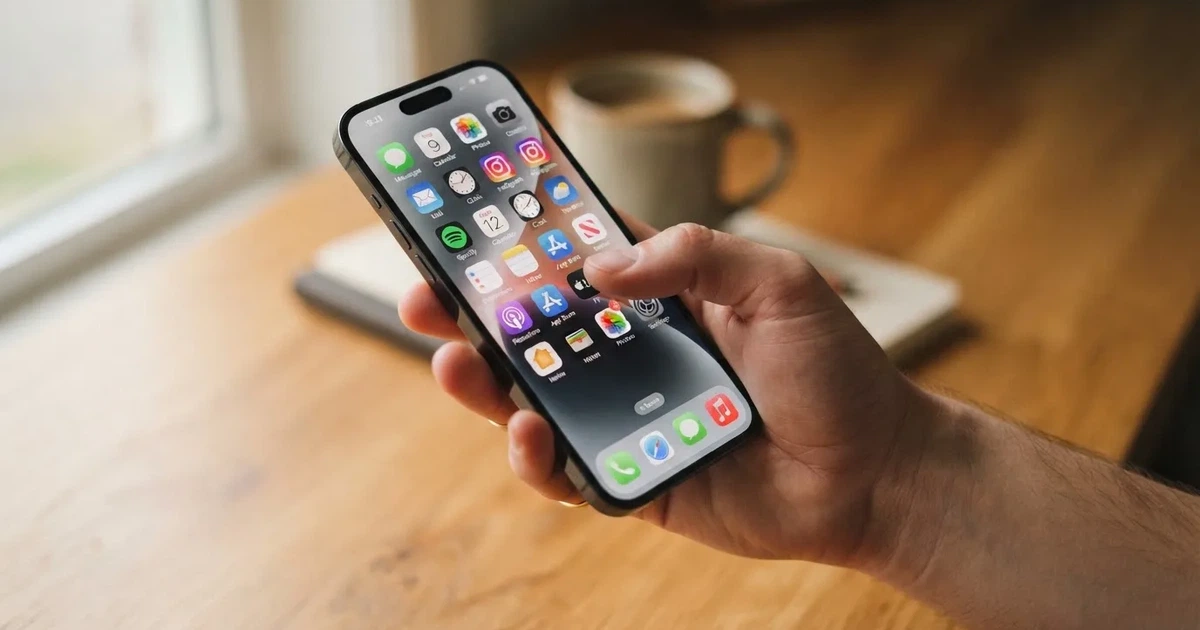 A hand holds a smartphone with an app icon grid visible on the home screen, thumb hovering over the display.