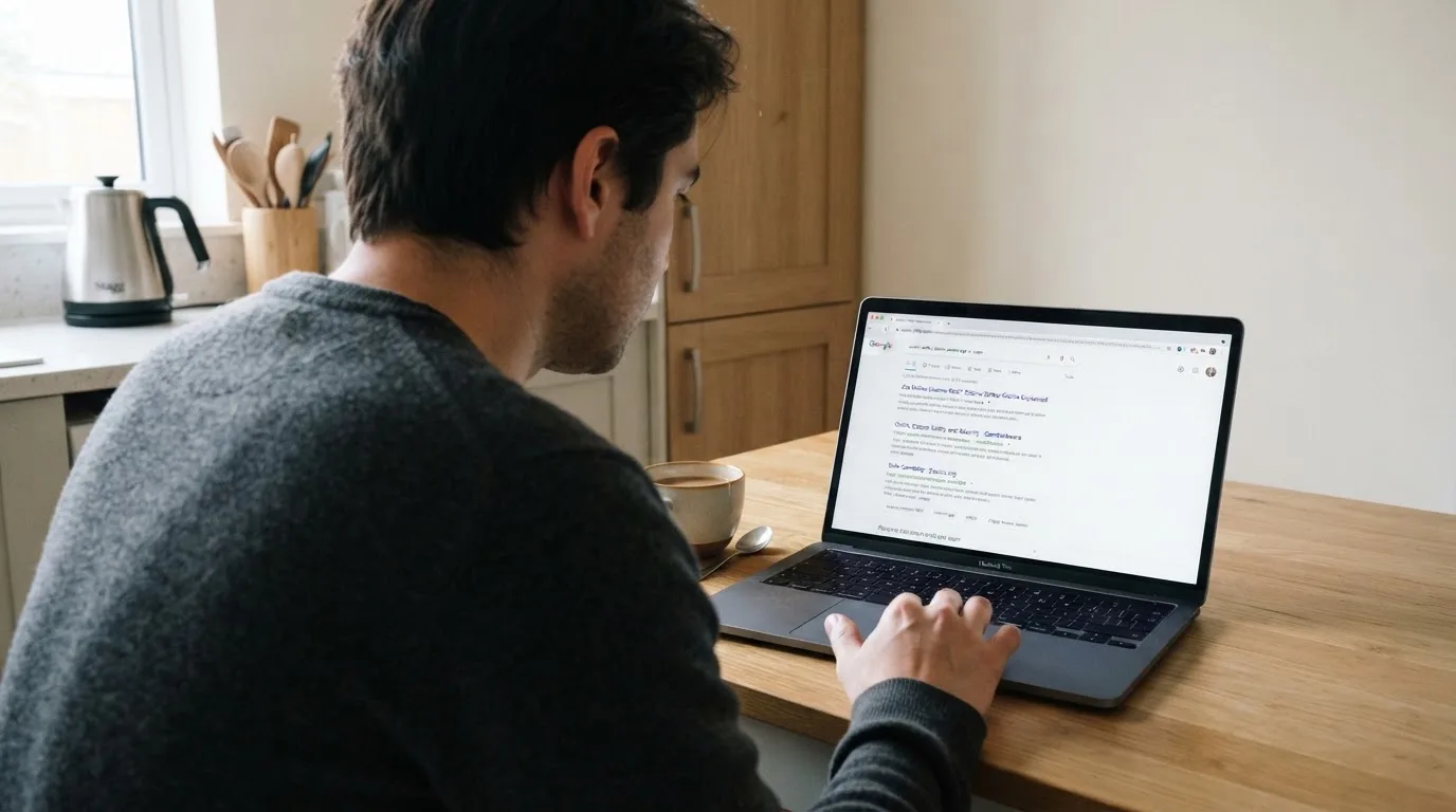 A person sits at a kitchen table, scrolling a laptop showing a general search results page about casino safety claims.