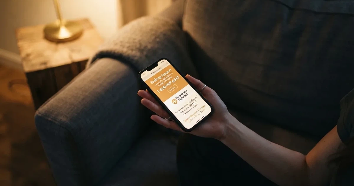 A person looks at a support-helpline page on a phone while sitting alone on a sofa.
