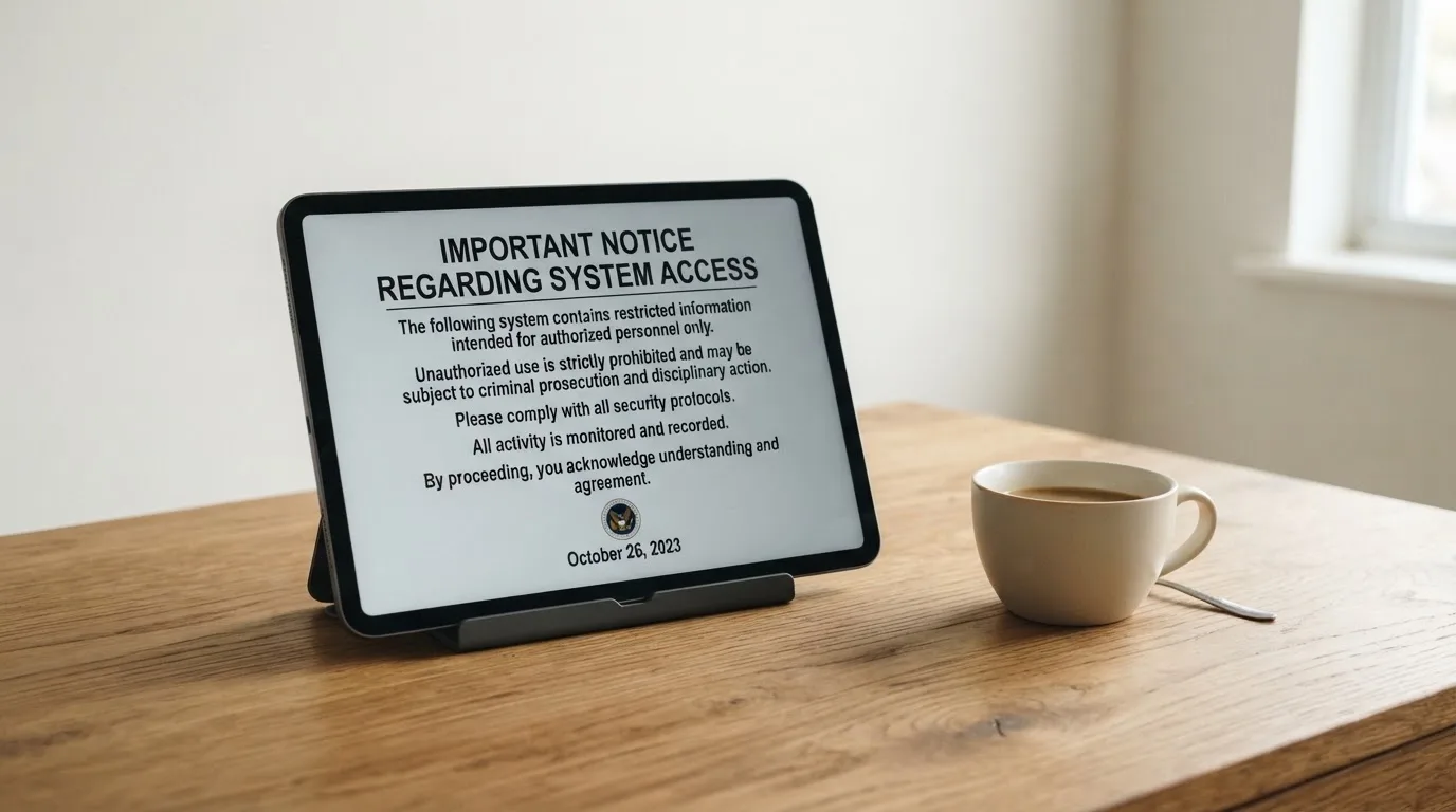 A tablet on a desk displays a plain government-style warning notice page, with a coffee cup beside it.