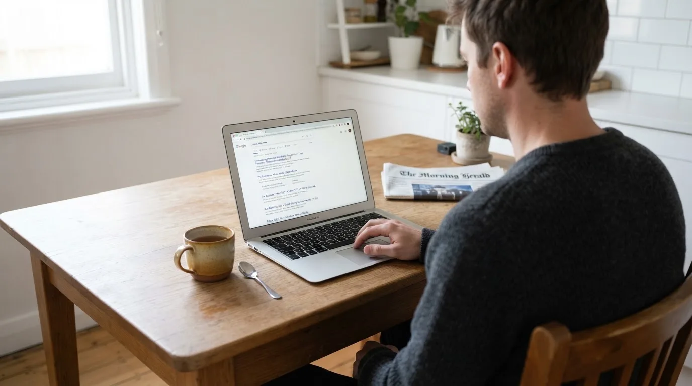 A person sits at a kitchen table, scrolling a laptop showing a general search results page about pokies safety claims.