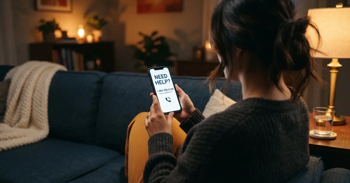A person looks at a support-helpline page on a phone while sitting alone on a sofa.