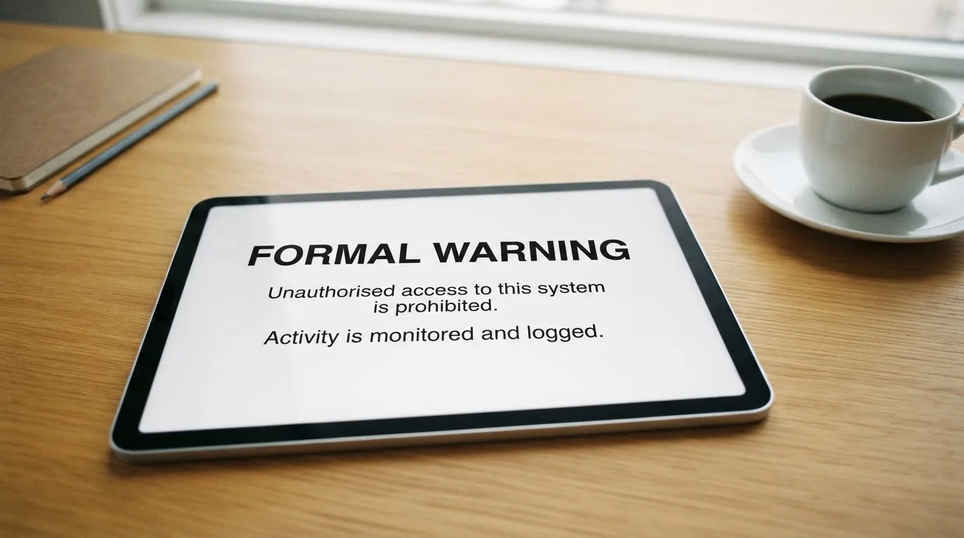 A tablet on a desk displays a plain government-style warning notice page, with a coffee cup beside it.