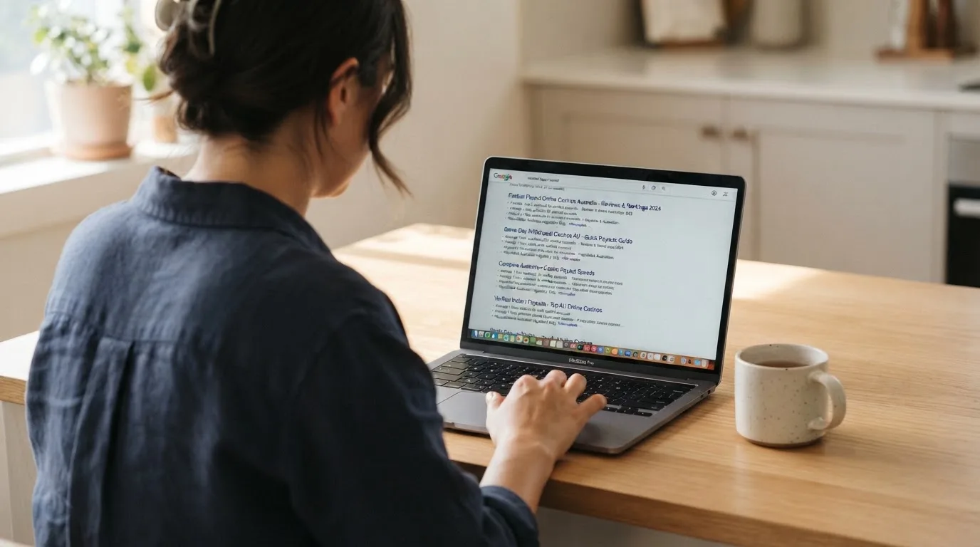 A person sits at a kitchen table, scrolling a laptop showing a general search results page about payout speed claims.