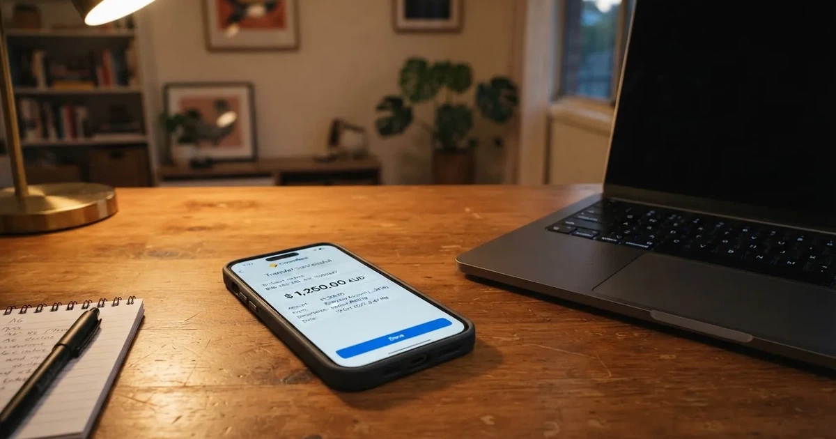 Close-up of a smartphone banking app open beside a laptop on a home desk, mid-transfer.
