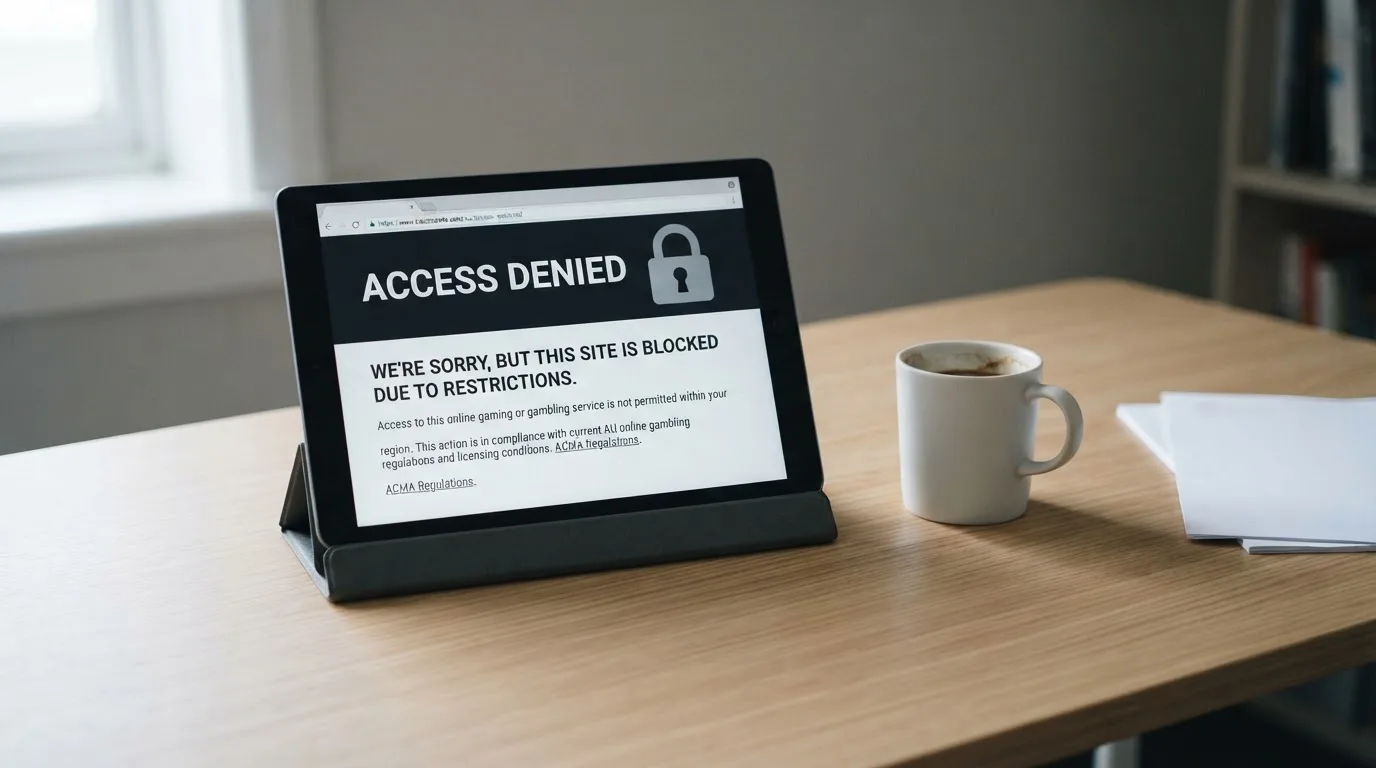 A tablet on a desk displays a plain government-style warning notice page, with a coffee cup beside it.