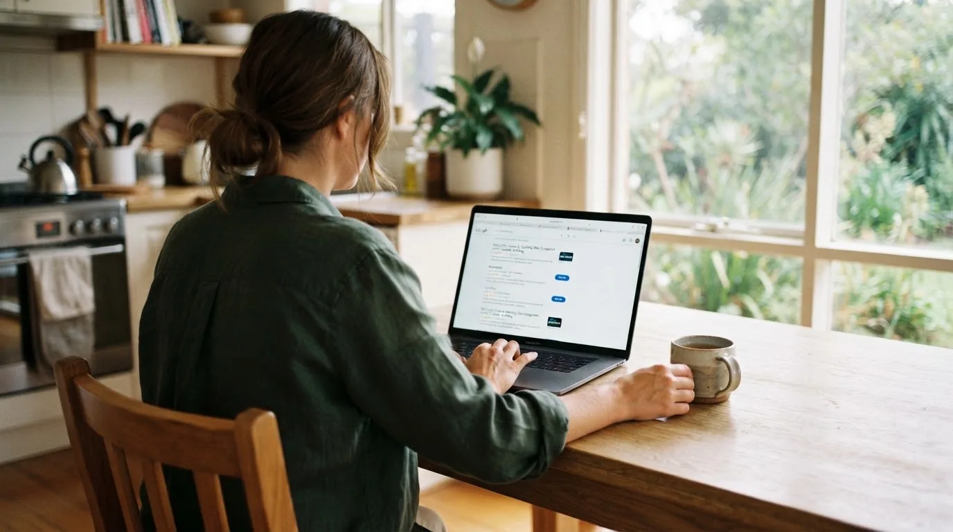 A person sits at a kitchen table, scrolling a laptop showing a general search results page about crypto casino comparisons.