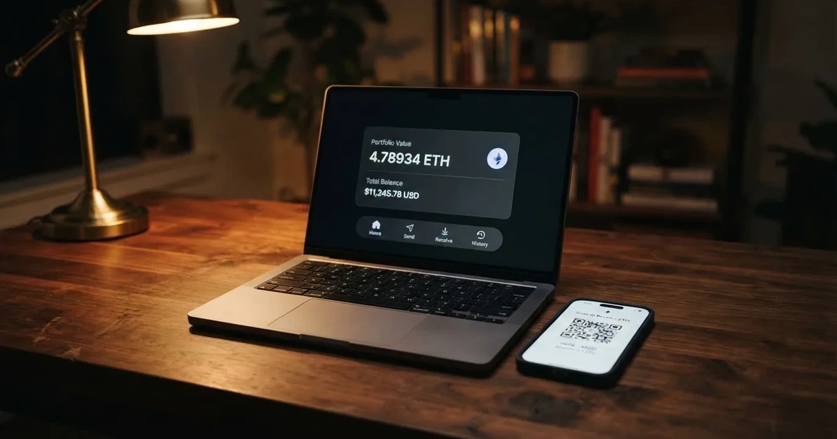 A laptop screen shows a cryptocurrency wallet balance next to a phone displaying a QR code, on a desk at night.
