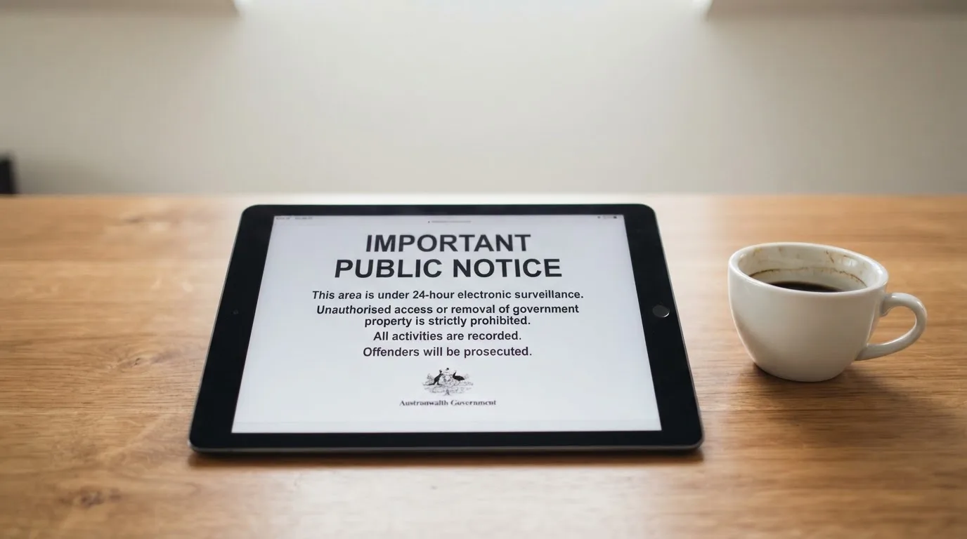 A tablet on a desk displays a plain government-style warning notice page, with a coffee cup beside it.