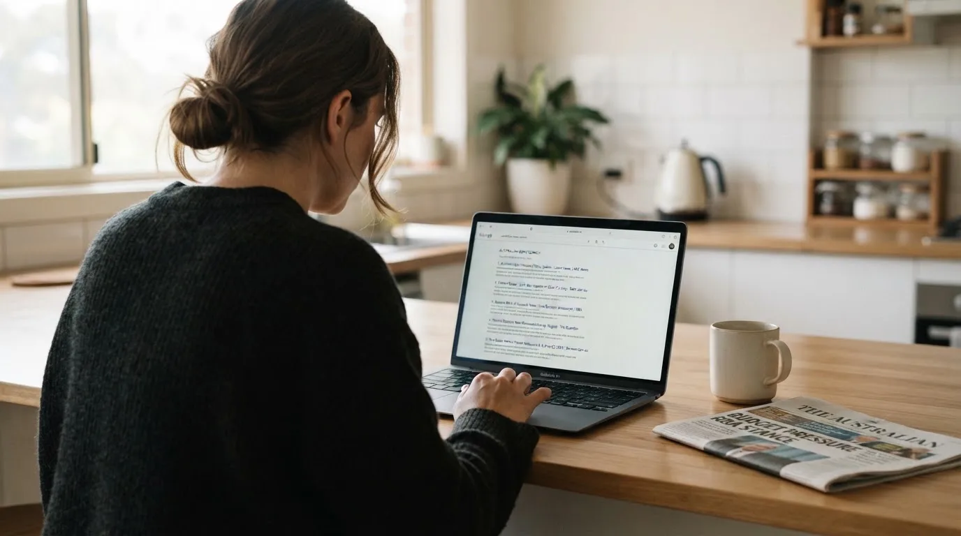 A person sits at a kitchen table, scrolling a laptop showing a general search results page about casino rankings.