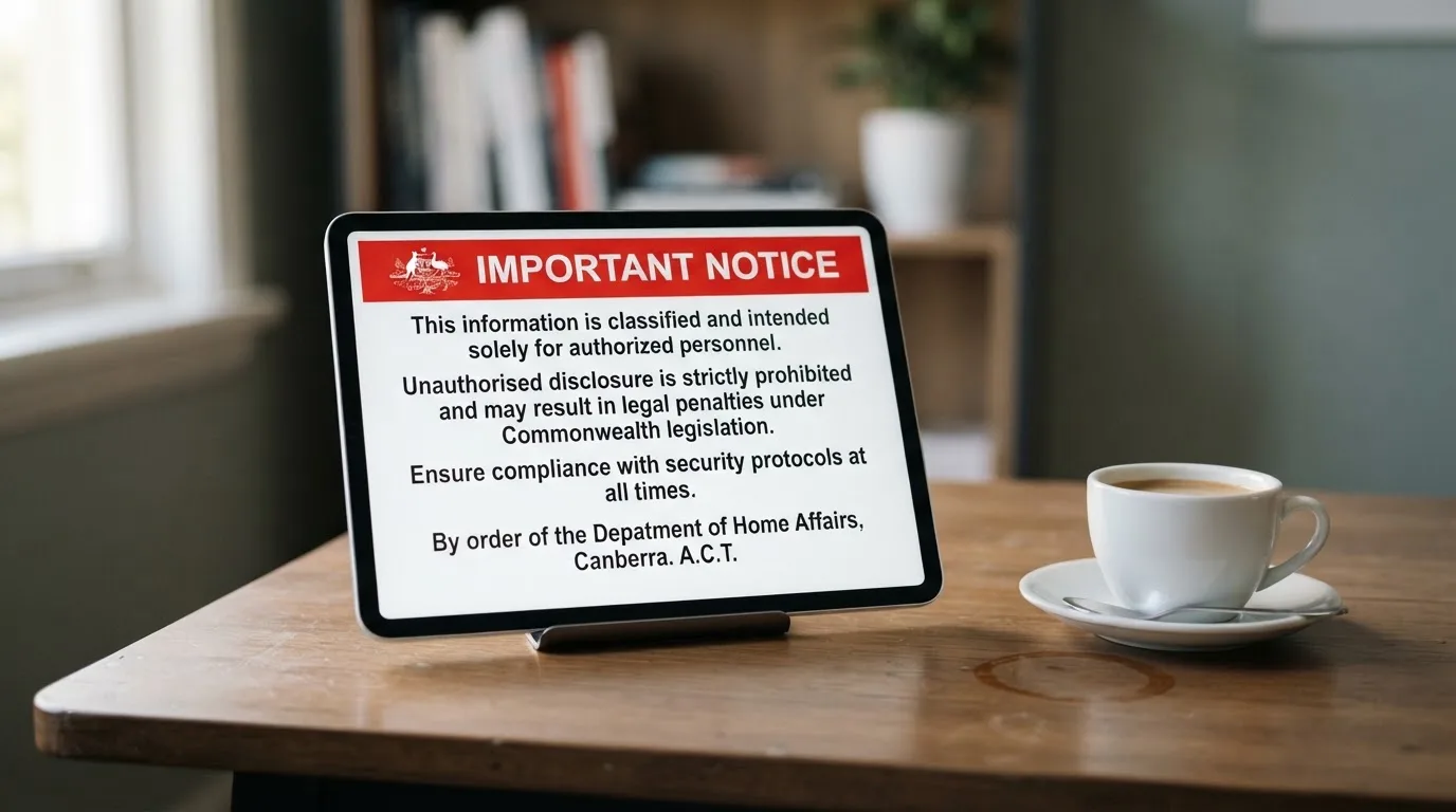 A tablet on a desk displays a plain government-style warning notice page, with a coffee cup beside it.
