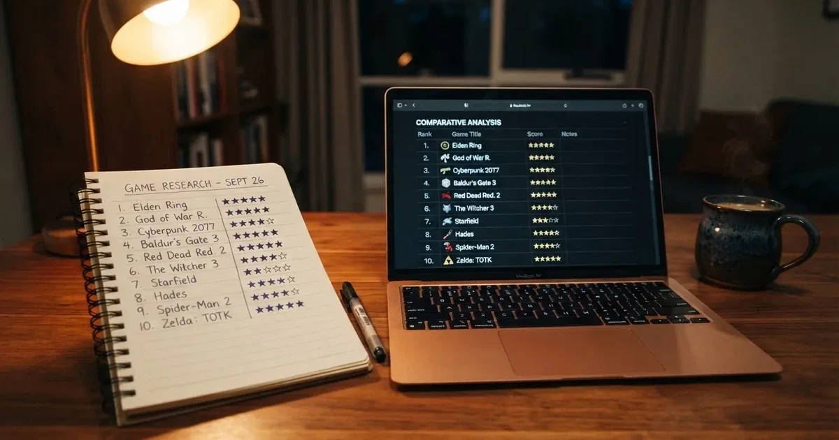 A notepad with a handwritten numbered list sits next to an open laptop showing a comparison table.