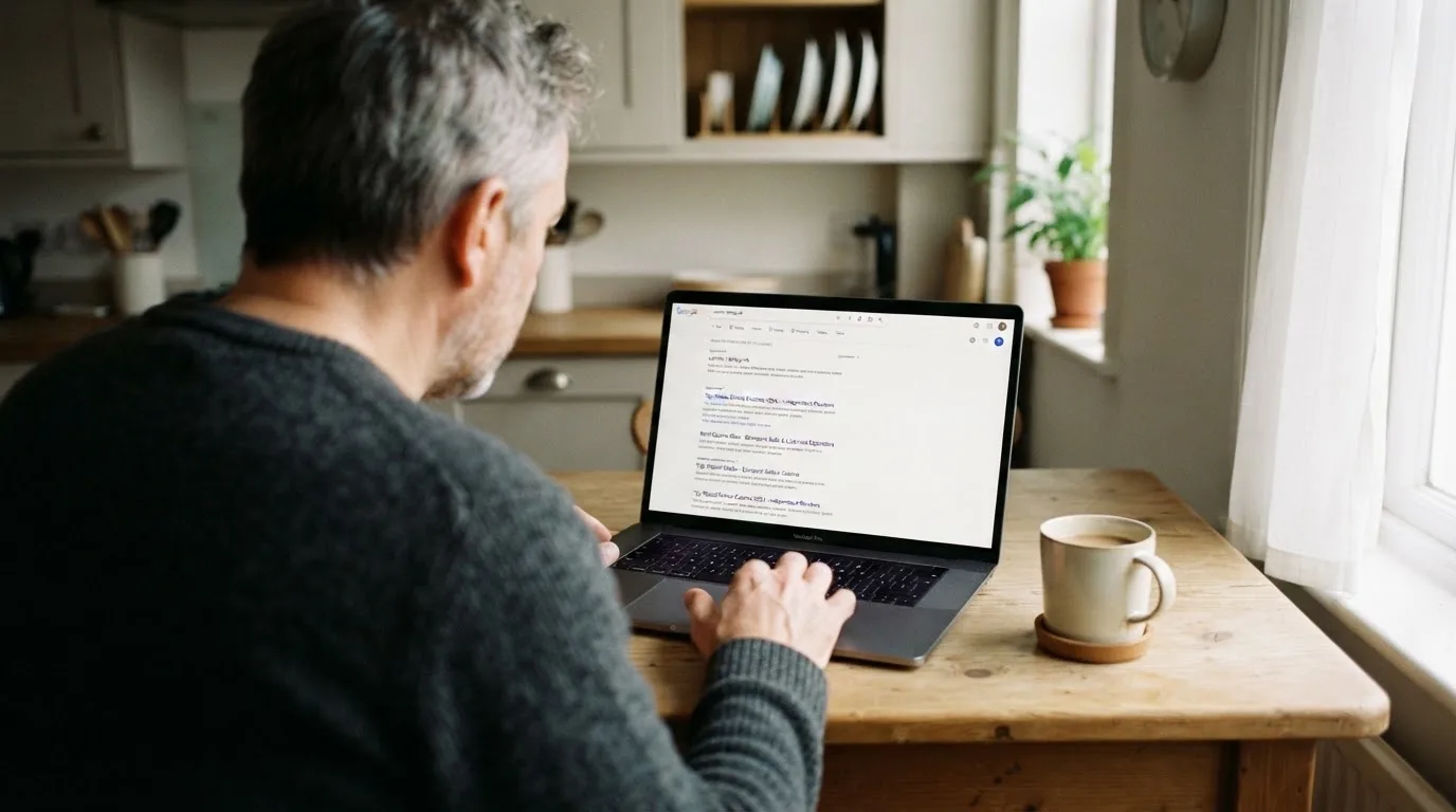 A person sits at a kitchen table, scrolling a laptop showing a general search results page about casino ratings.