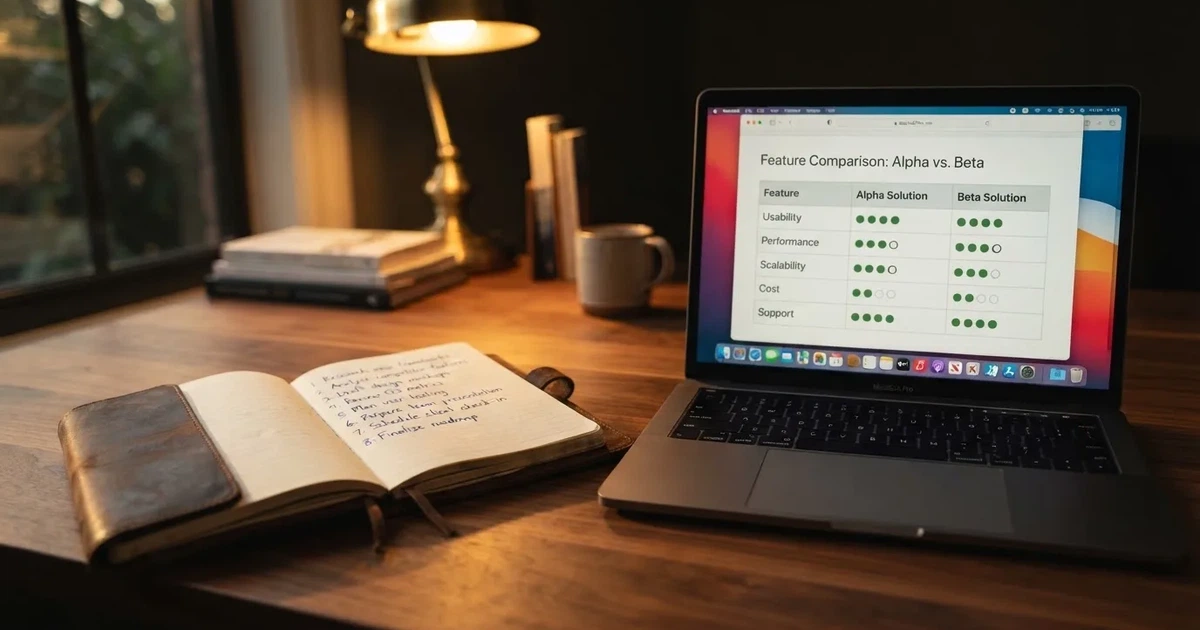 A notepad with a handwritten numbered list sits next to an open laptop showing a comparison table.