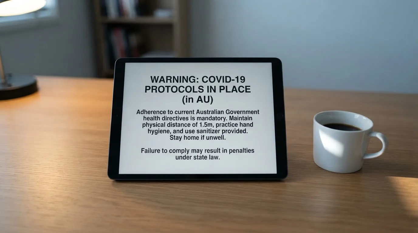 A tablet on a desk displays a plain government-style warning notice page, with a coffee cup beside it.