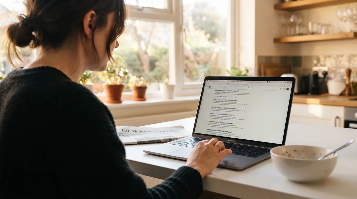 A person sits at a kitchen table, scrolling a laptop showing a general search results page about withdrawal timeframes.