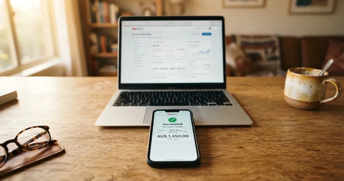 Close-up of a smartphone banking app open beside a laptop on a home desk, mid-transfer.