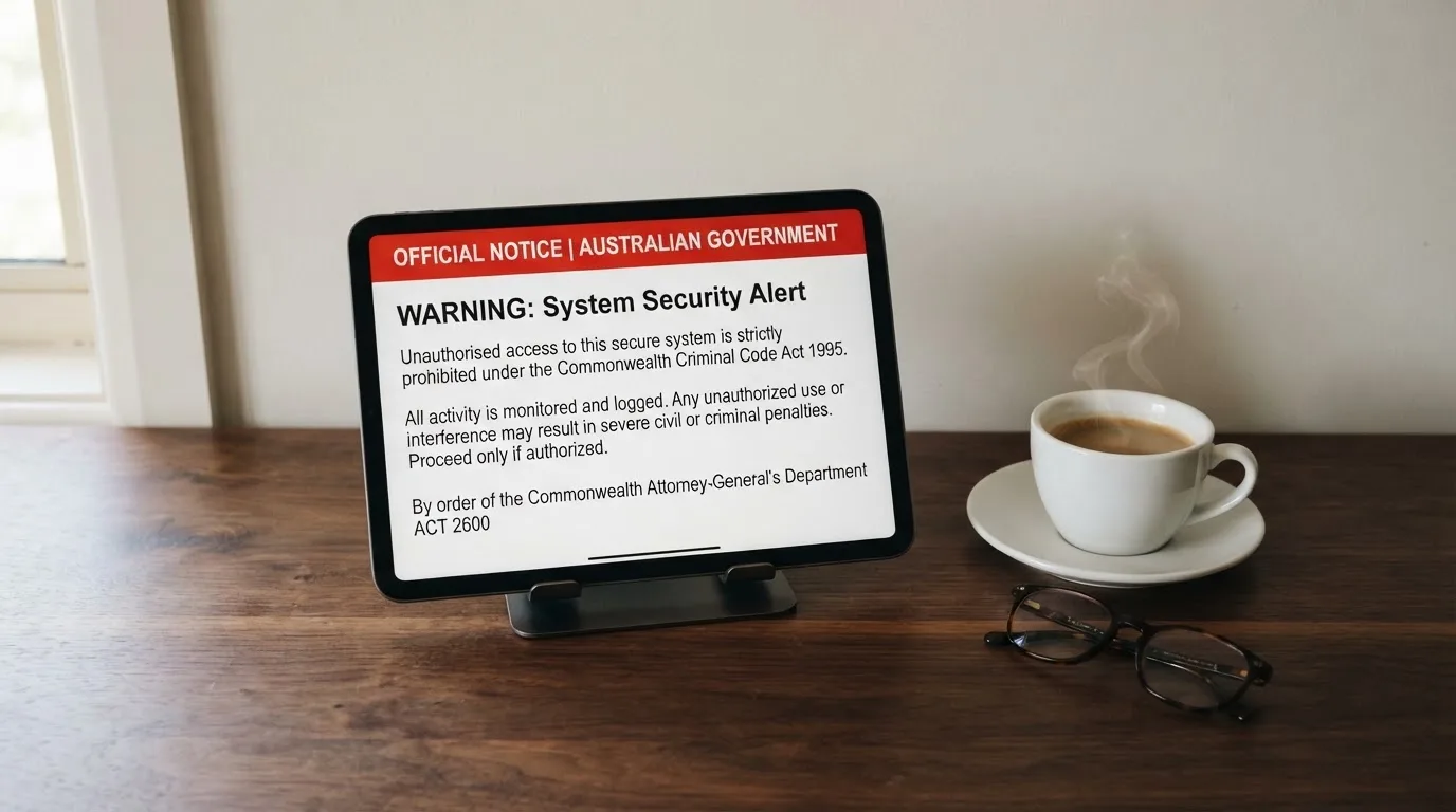 A tablet on a desk displays a plain government-style warning notice page, with a coffee cup beside it.