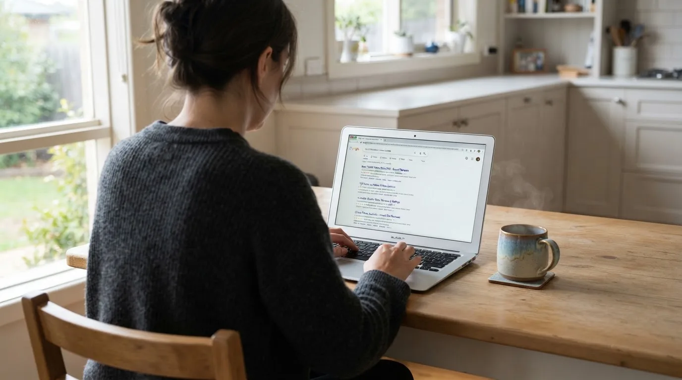A person sits at a kitchen table, scrolling a laptop showing a general search results page about a review of a pokies site.