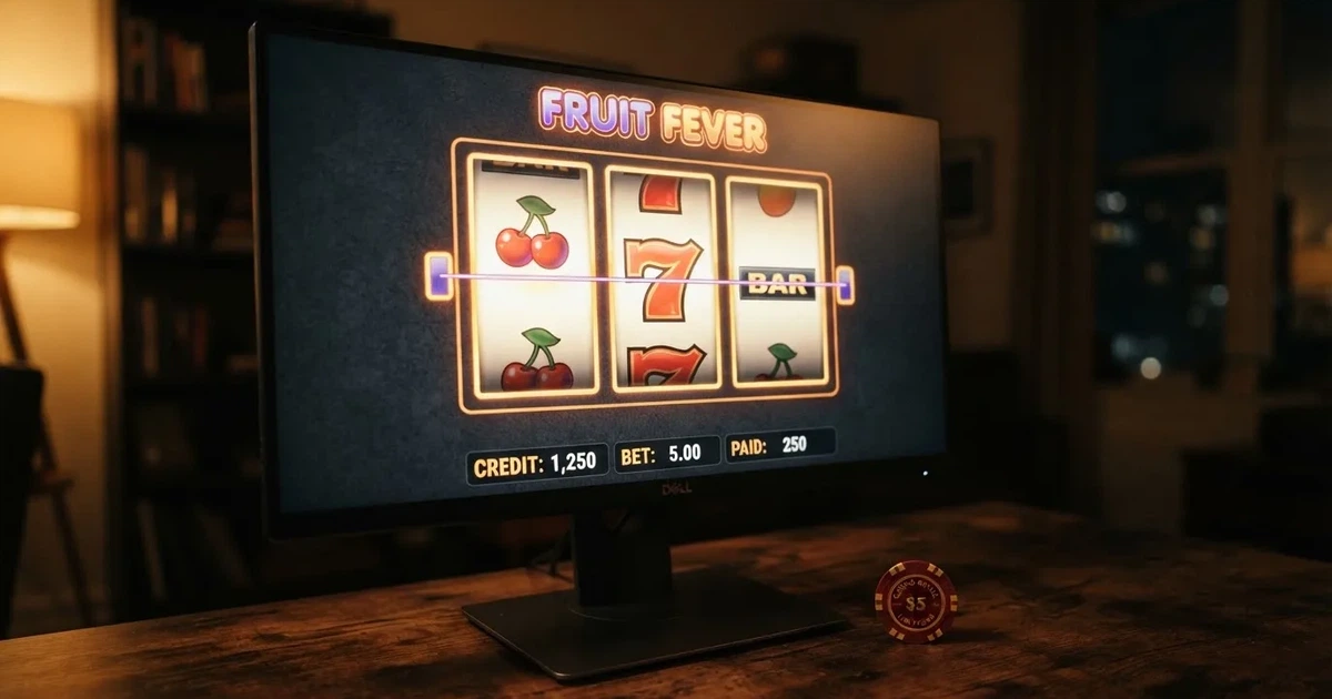 A close-up of a slot reel display shown on a monitor, no other windows open.