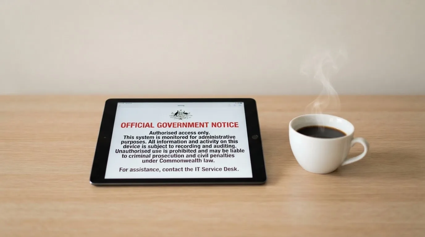 A tablet on a desk displays a plain government-style warning notice page, with a coffee cup beside it.
