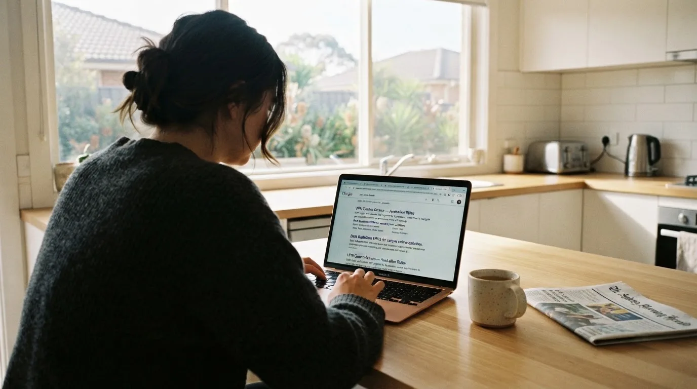 A person sits at a kitchen table, scrolling a laptop showing a general search results page about VPN access claims.