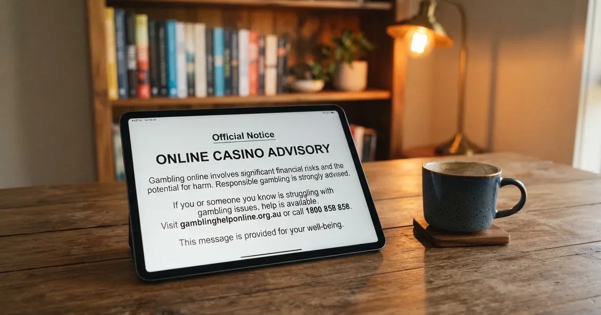 A tablet on a desk displays a plain government-style warning notice page, with a coffee cup beside it.
