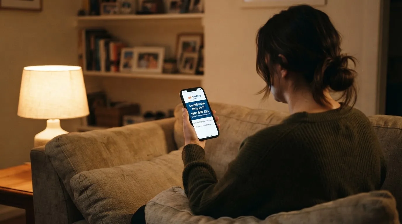 A person looks at a support-helpline page on a phone while sitting alone on a sofa.